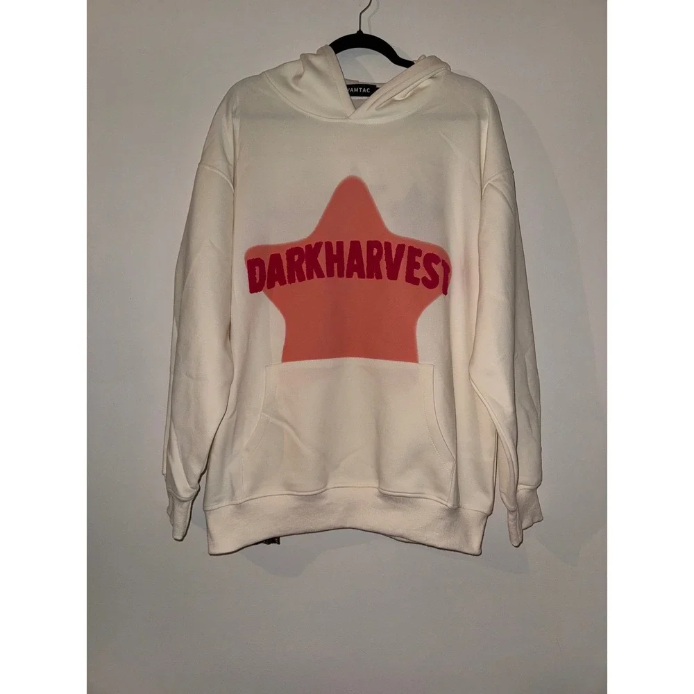 VAMTAC Dark Harvest Star Embroidered Oversized Hoodie Pullover Cream Pink Medium